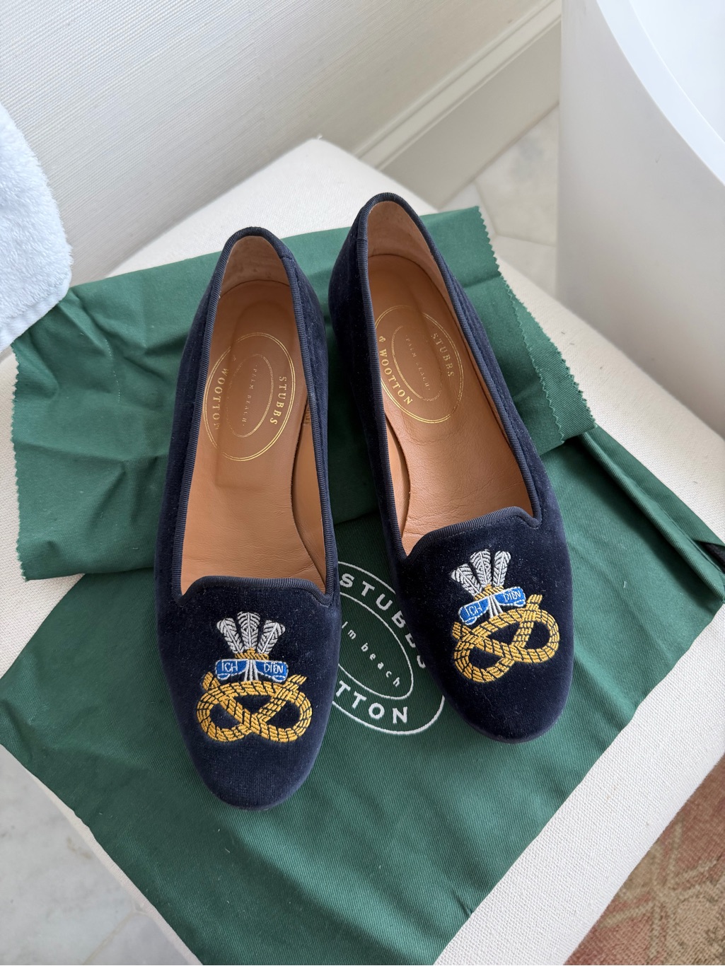 Stubbs & Wootton Navy Velvet Embroidered Loafers — image 3 of 8